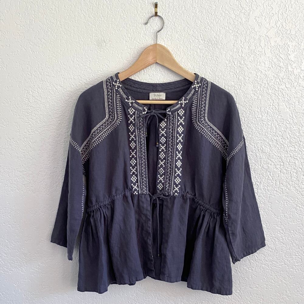 Wrap London 100% Linen Embroidered Peplum Top Tie Front Blue Gray Boho Size 2